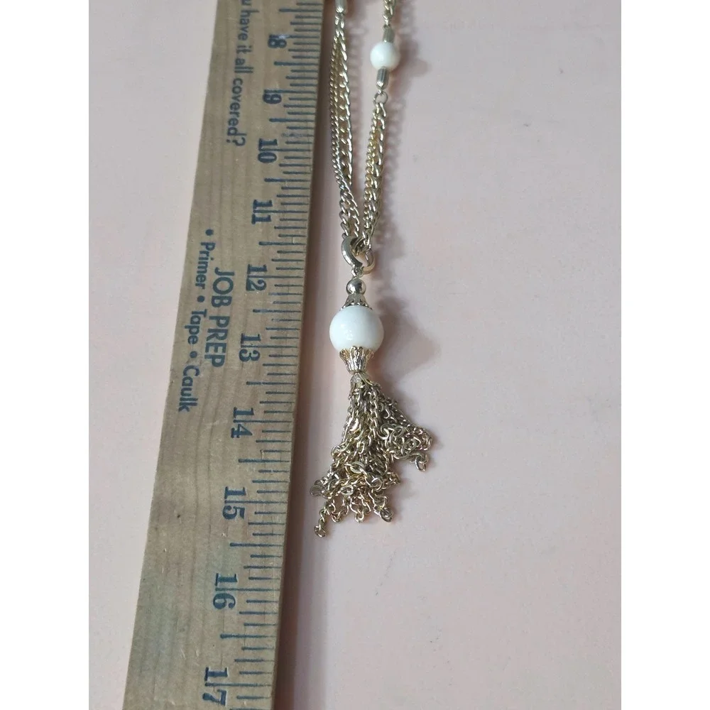 Park Lane Vintage Gold Tone Double Strand Tassel Necklace Cream Faux Pearl Bead‎